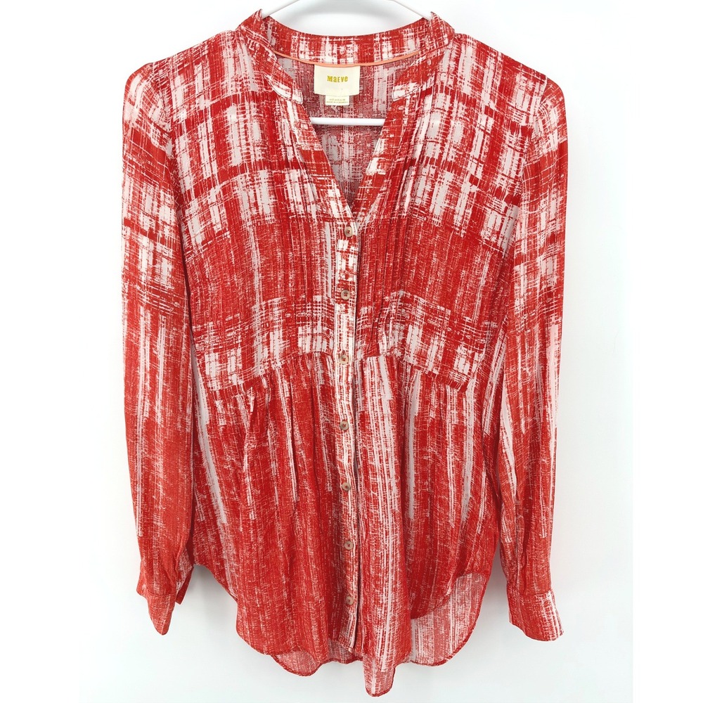 Maeve Anthropologie Calia Pintuck Tunic Top Size 2 Button Up Red White Art Boho